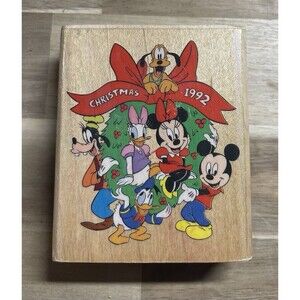 Vintage Disney Christmas 1992 Rubber Stamp Mickey Minnie Goofy Pluto Wreath 422F